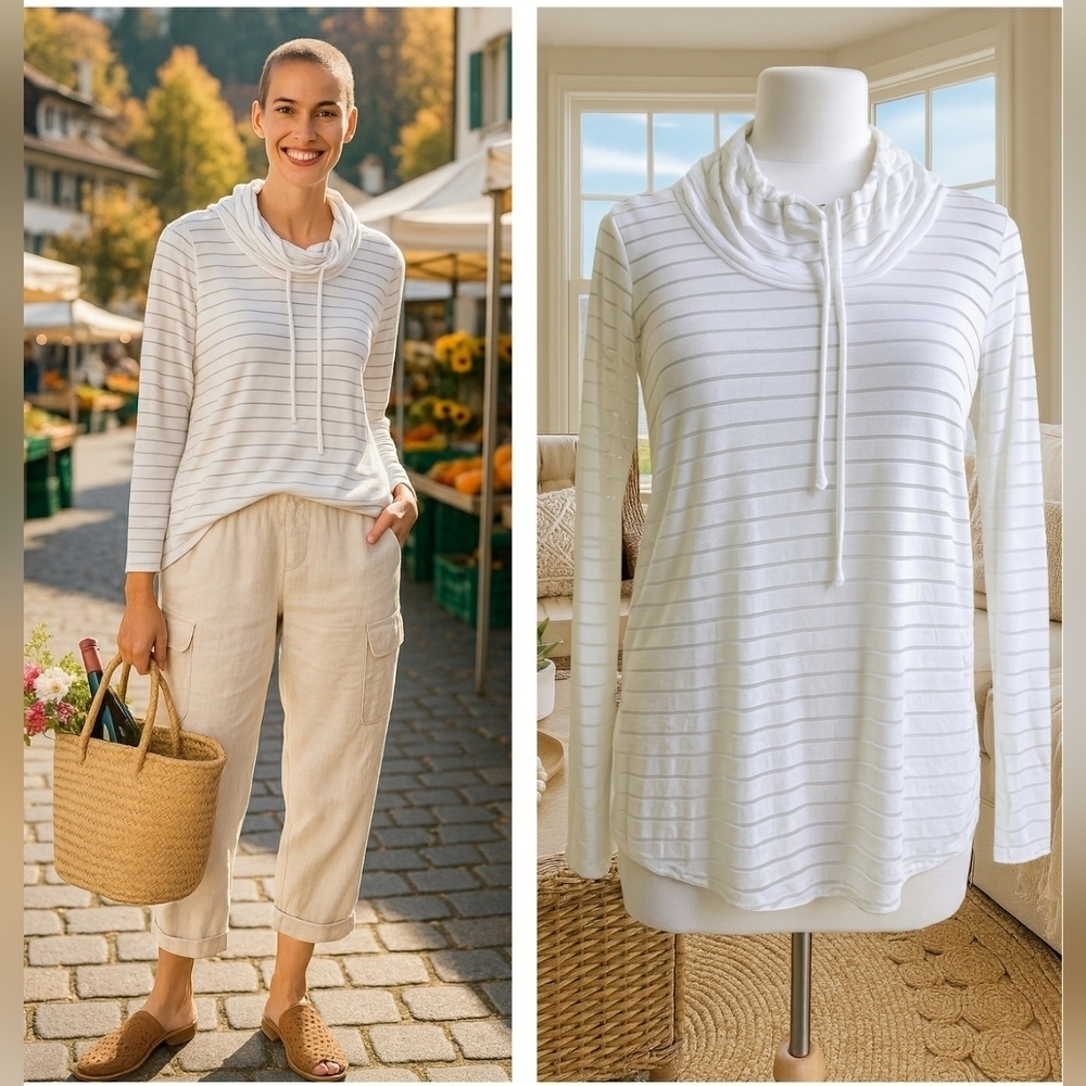 Lagenlook XL Casual Ivory Striped Pullover Long Sleeve Work Play Travel  Top